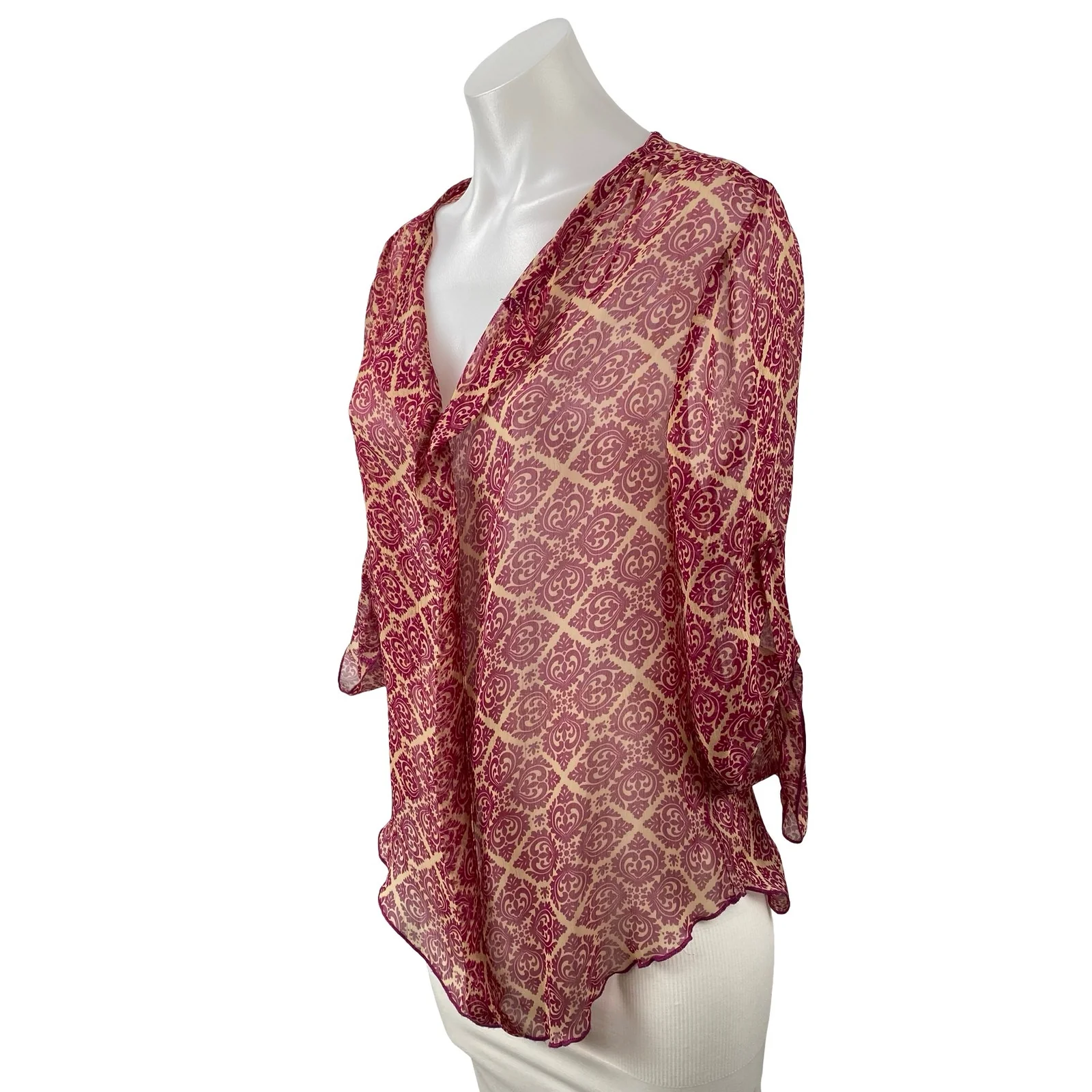 Blue Rair Women's Pink Sheer Mesh Tapestry Quarter Sleeve Button Up Blouse Top S - Image 2
