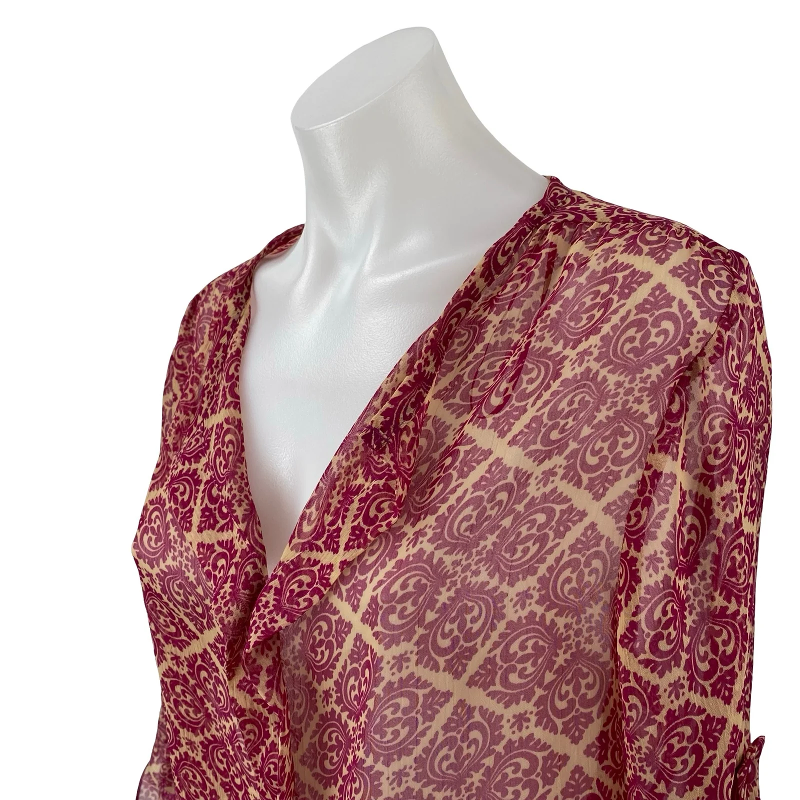 Blue Rair Women's Pink Sheer Mesh Tapestry Quarter Sleeve Button Up Blouse Top S - Image 3