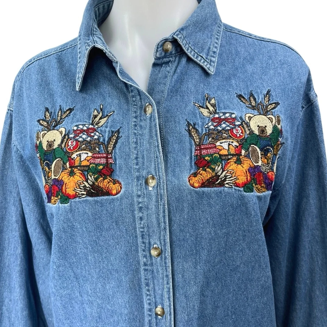 Bobbie Brooks Women’s Blue Teddy Pumpkin Embroidered Button Up Denim Shirt Top L - Image 3