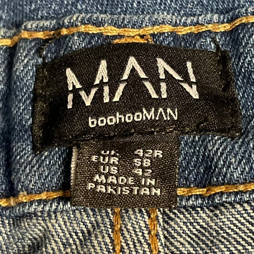 boohooMAN Mens Blus Patchworks Applique Carpenter Flared Denim Jeans Pants Sz 42 - Image 4
