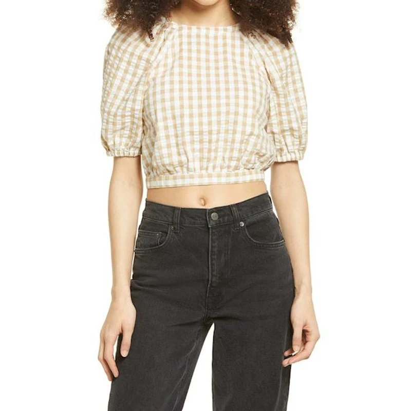BP. Beige White Gingham Check Short Puff Sleeve Open Back Cropped Blouse Top XS - Image 3