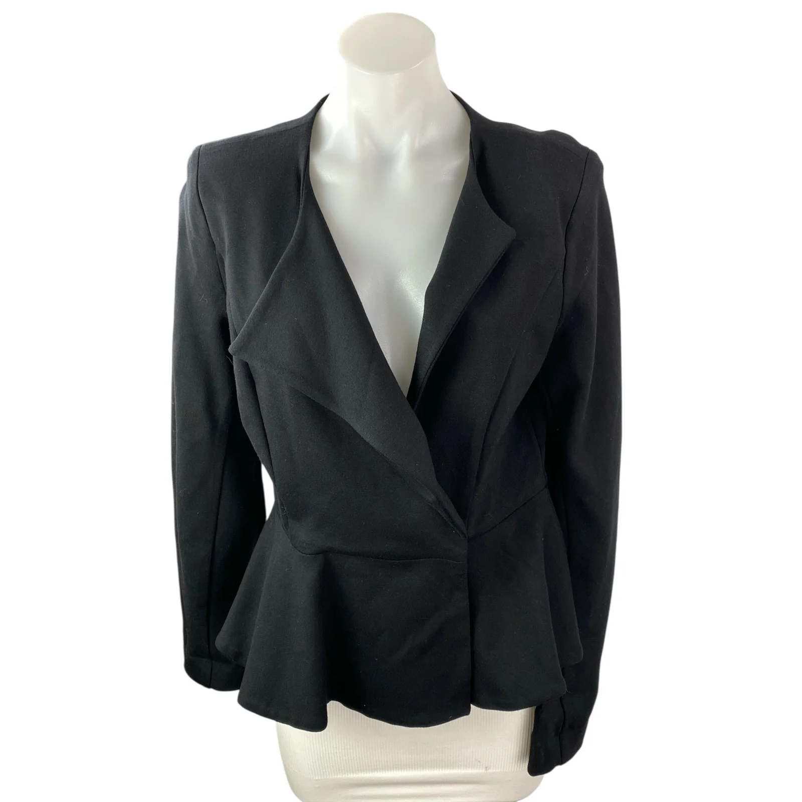 Cabi Women's Black Ponte Knit Collar Long Sleeve Peplum Blazer Coat Jacket Sz 4