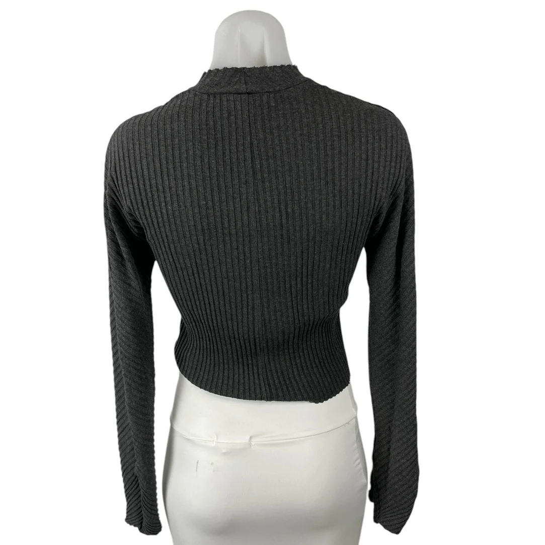 Cale Gray Ribbed Mock Neck Long Sleeve Side Slit Crop Sweatshirt Sweater Top S - Image 3