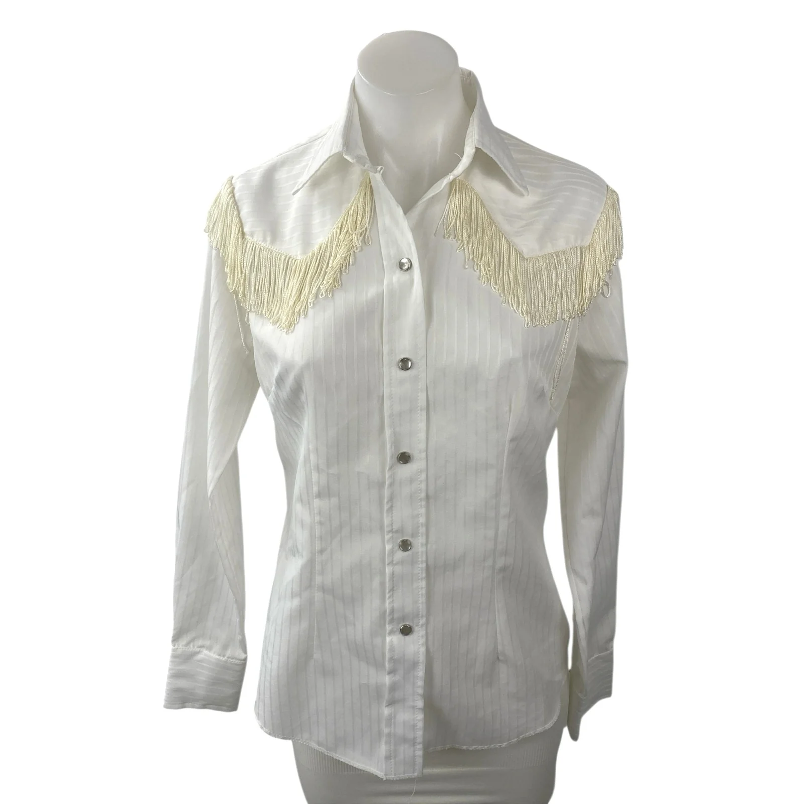 California Ranchwear Womens White Fringe Long Sleeve Button Up Shirt Top Size S