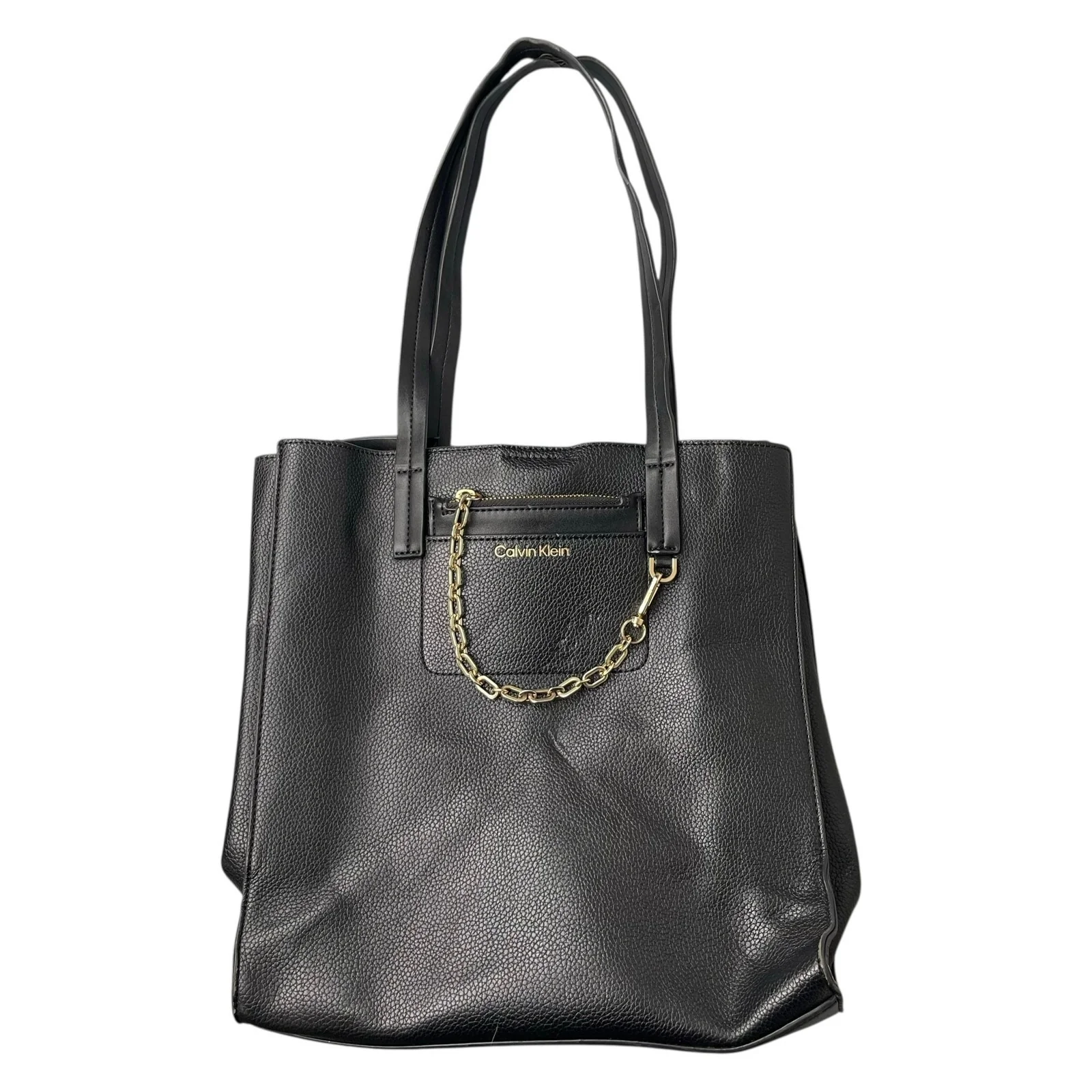 Calvin Klein Anya Signature Chain Black Faux Leather Purse Tote Shoulder Bag OS