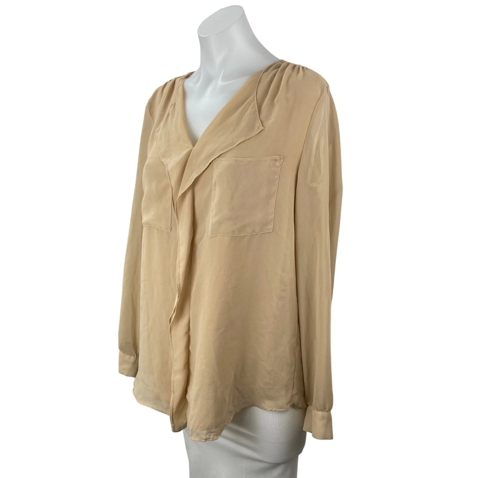 Calvin Klein Women's Beige Sheer Ruffled V Neck Long Sleeve Office Blouse Top M - Image 2