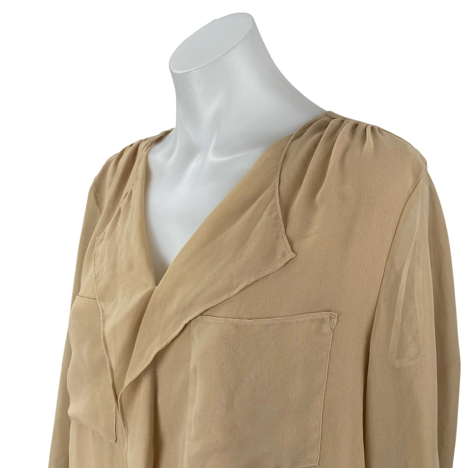Calvin Klein Women's Beige Sheer Ruffled V Neck Long Sleeve Office Blouse Top M - Image 3