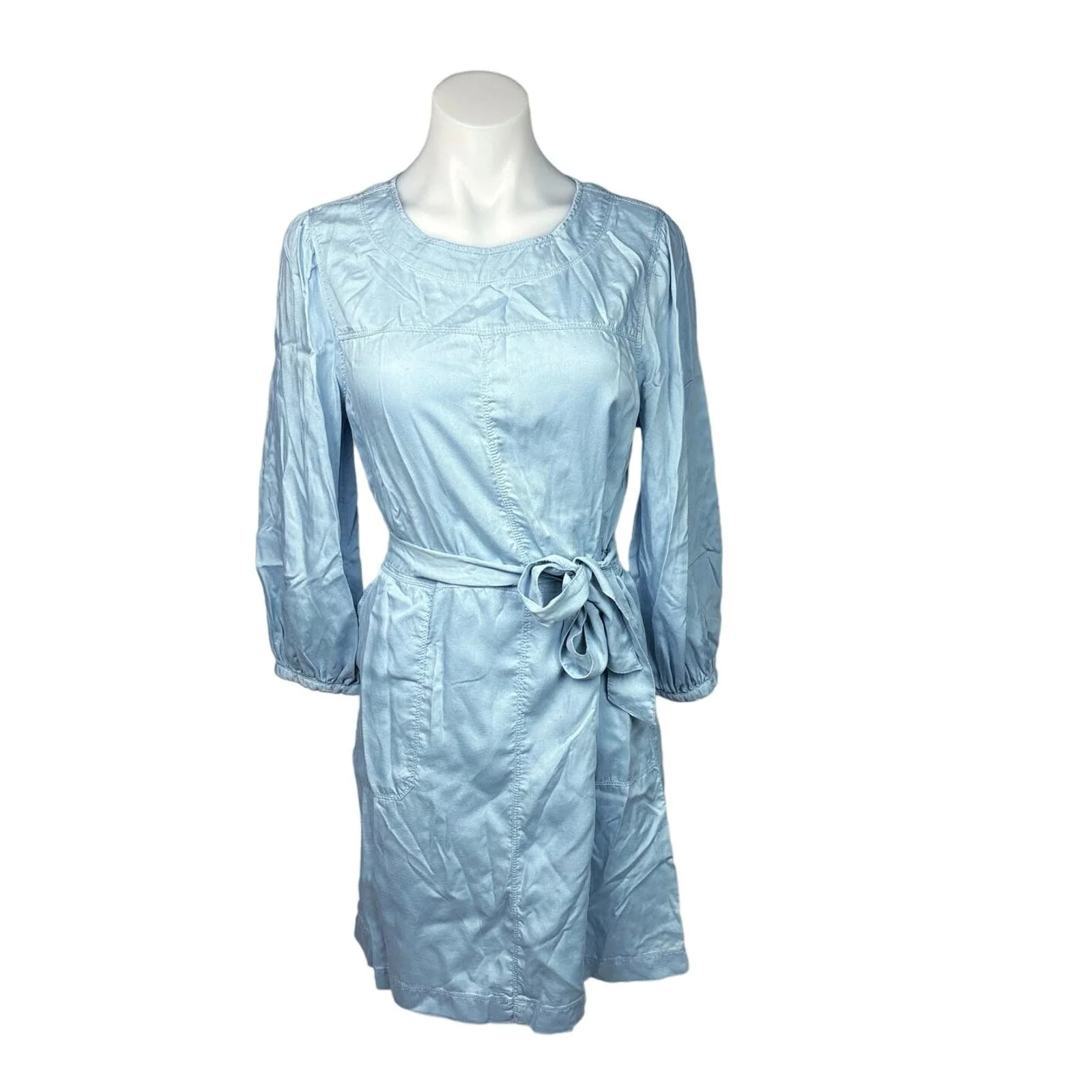 Caslon Blue Tencel 3/4 Sleeves Belted Jewel Neck Pockets Mini Casual Dress Sz XS
