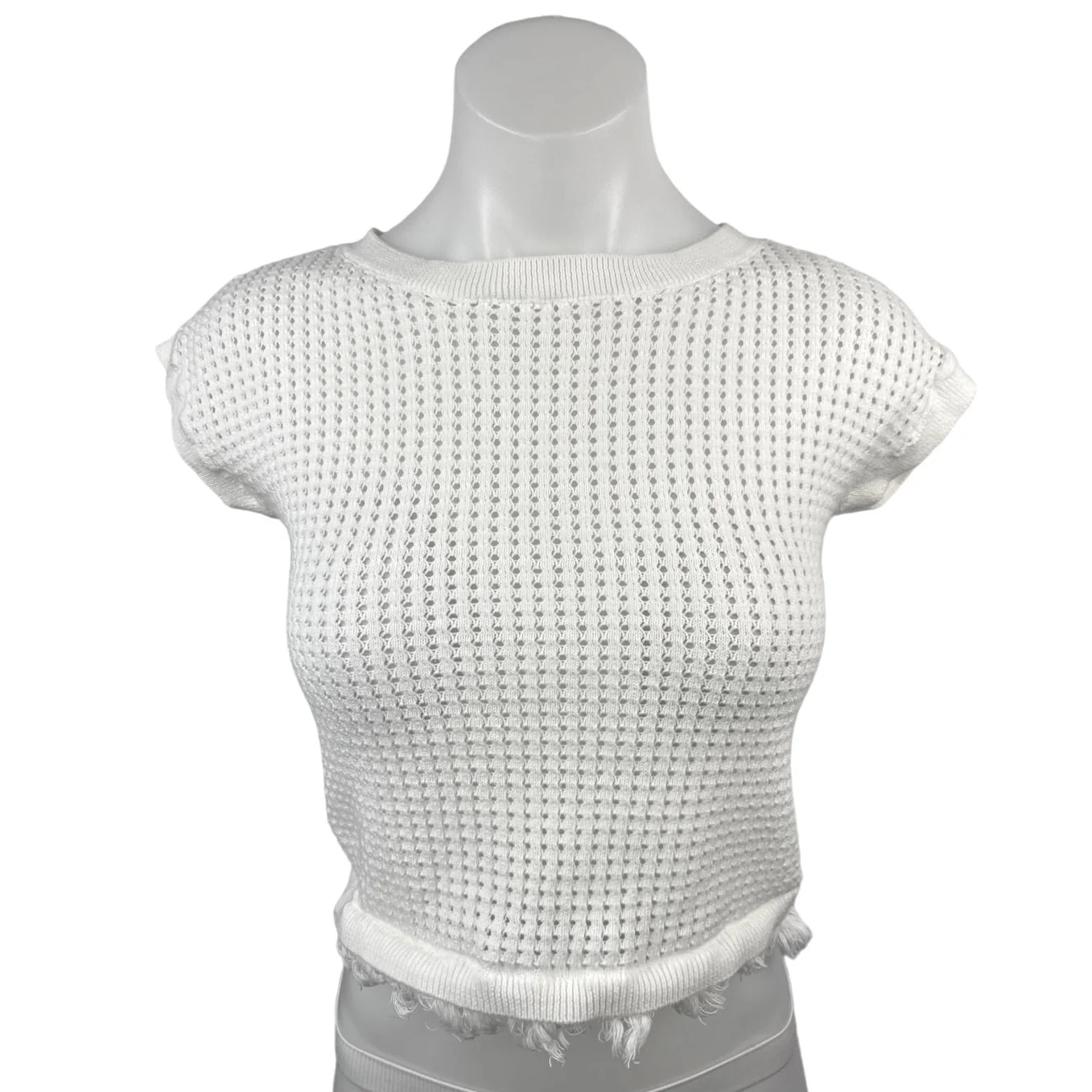 Catherine Malandrino White Open Knit Crochet Fringe Cap Sleeve Crop Top Size XS