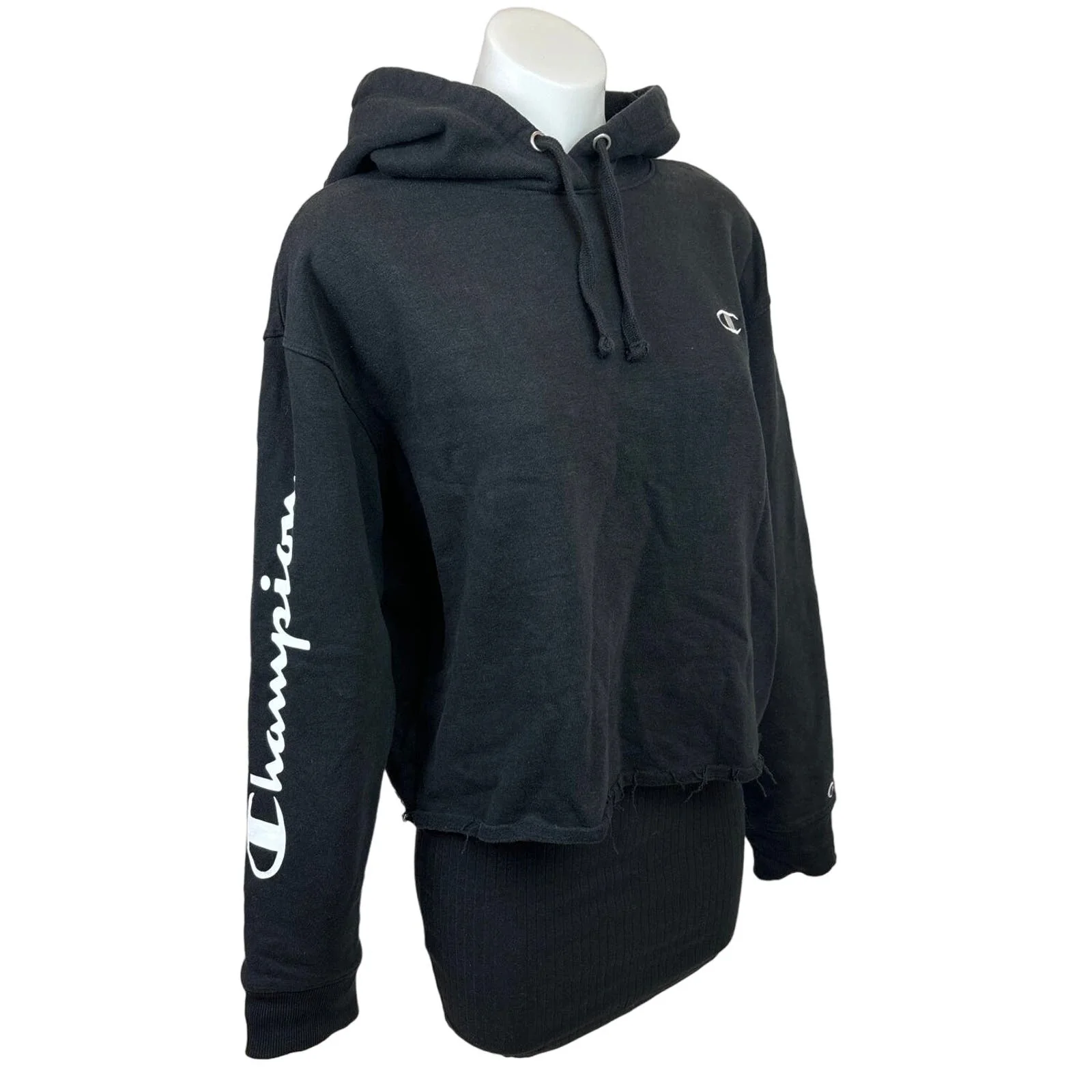 Champion Womens Black Cropped Distressed Long Sleeve Logo Hoodie Sweatshirt Sz L - Image 2