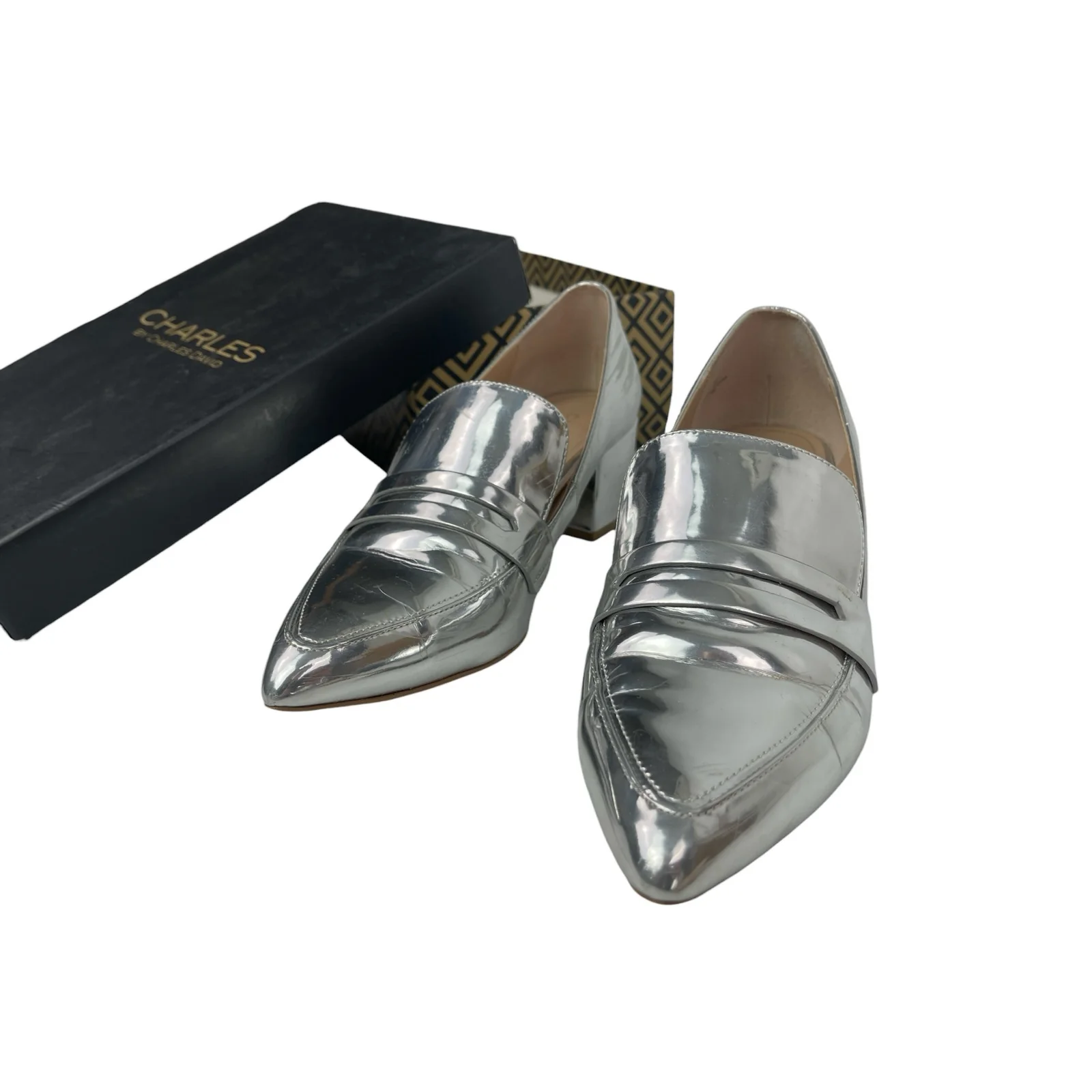 Charles By Charles David Sliver Metallic Pointed Toe Block Heels Pump Shoes 9M - Image 5