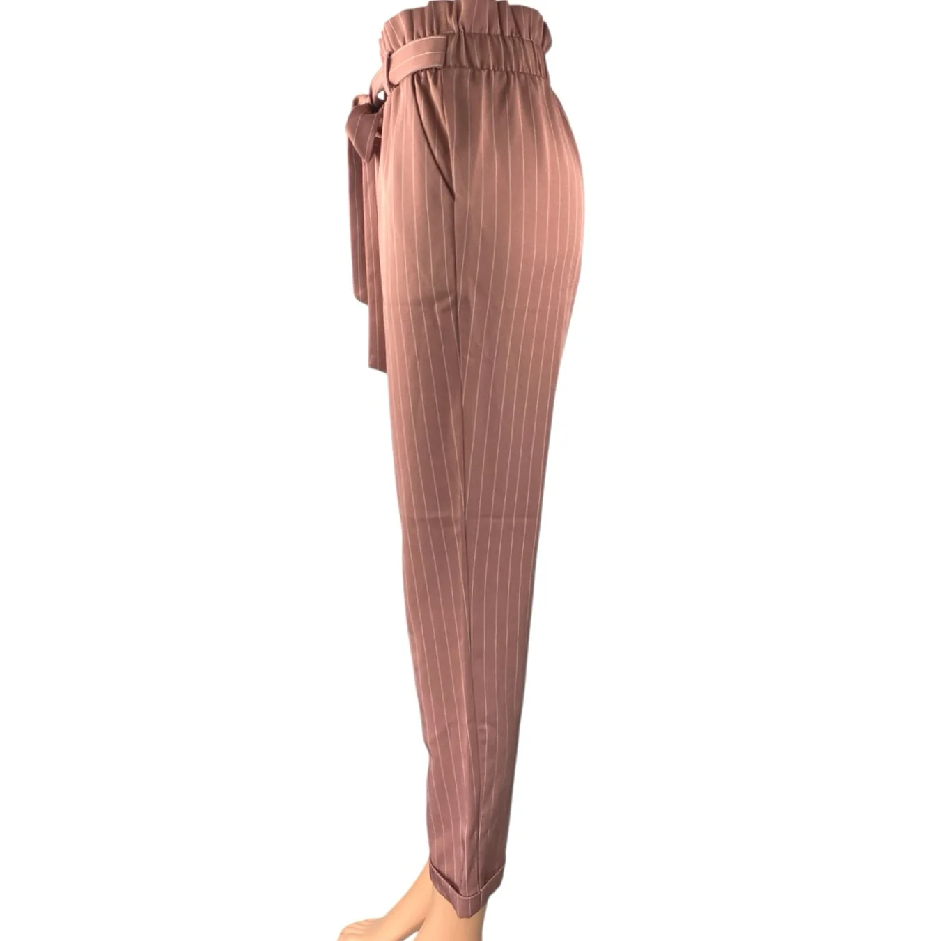Charlotte Russe Pink Pinstriped Tapered High Waist Paperbag Trousers Pants Sz XS - Image 2