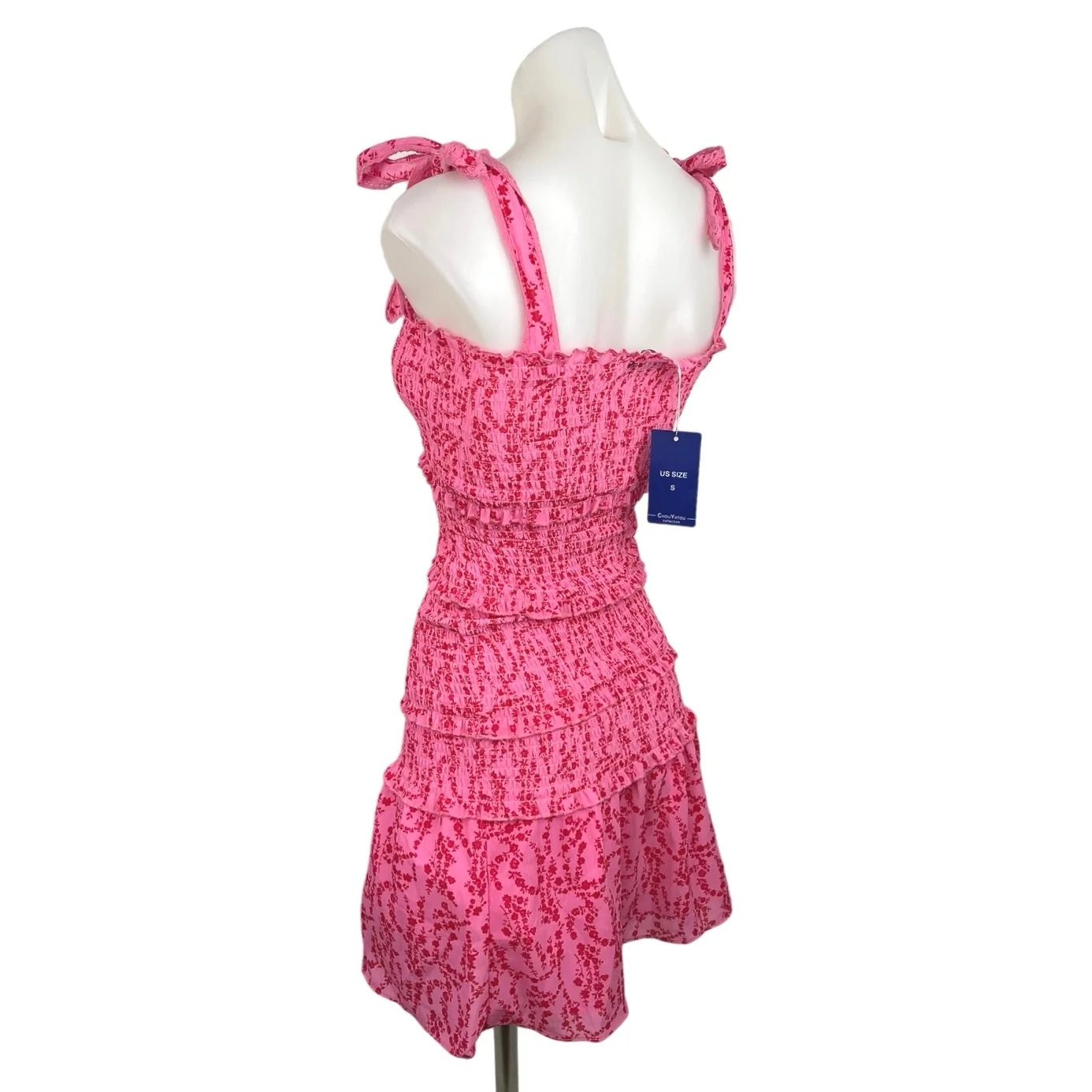 ChouYatou NWT Pink Square Floral Tie Sleeve Smocked Tiered Ruffle Mini Dress S - Image 2