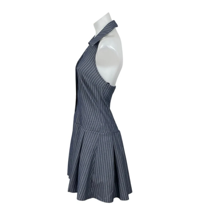 City Studio Collared Pleated Button Mini Halter Tank Flare A-Line Shirt Dress S - Image 3