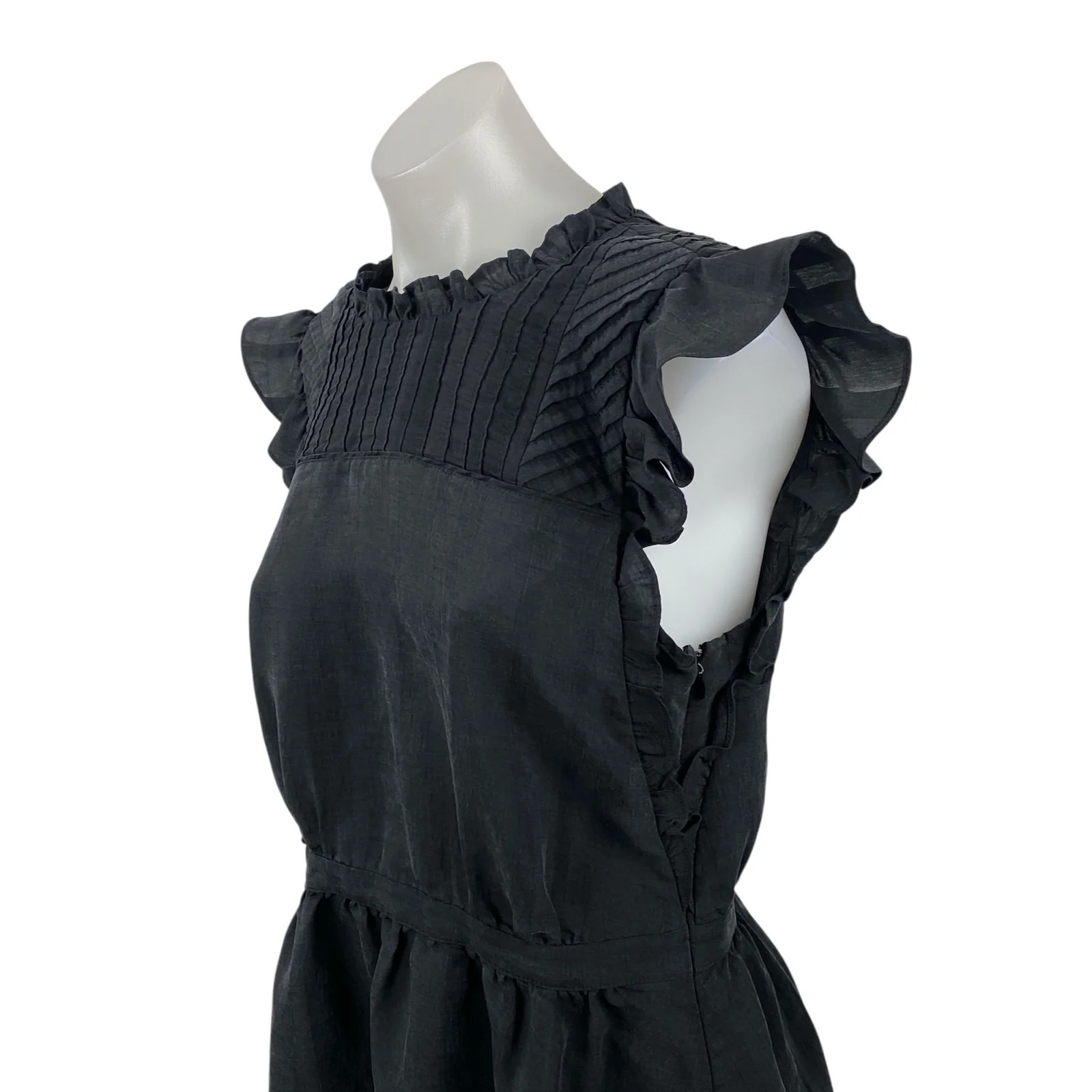 Club Monaco Black Ruffle Sleeve Mock Neck Pintucked Fit & Flare Mini Dress Sz 6 - Image 2
