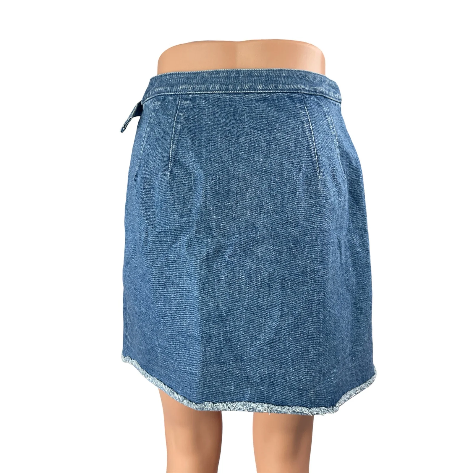 Club Monaco Blue Medium Wash High Waisted Raw Hem Denim Jean Wrap Skirt Size 2 - Image 2