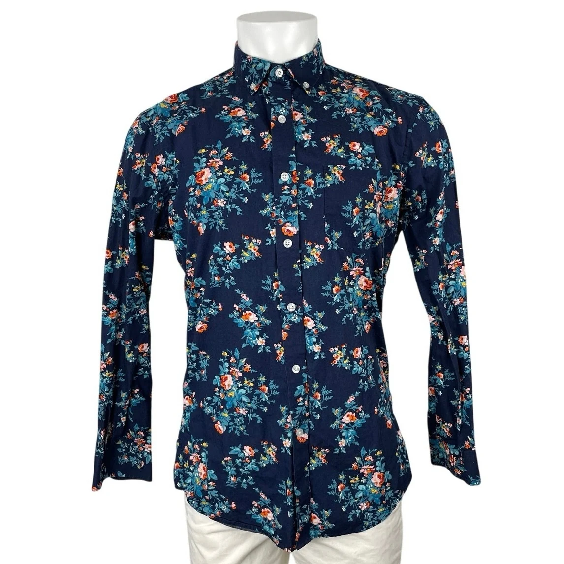 Club Room Men's Blue Floral Slim Pocket Long Sleeve Button Down Shirt Top Size M