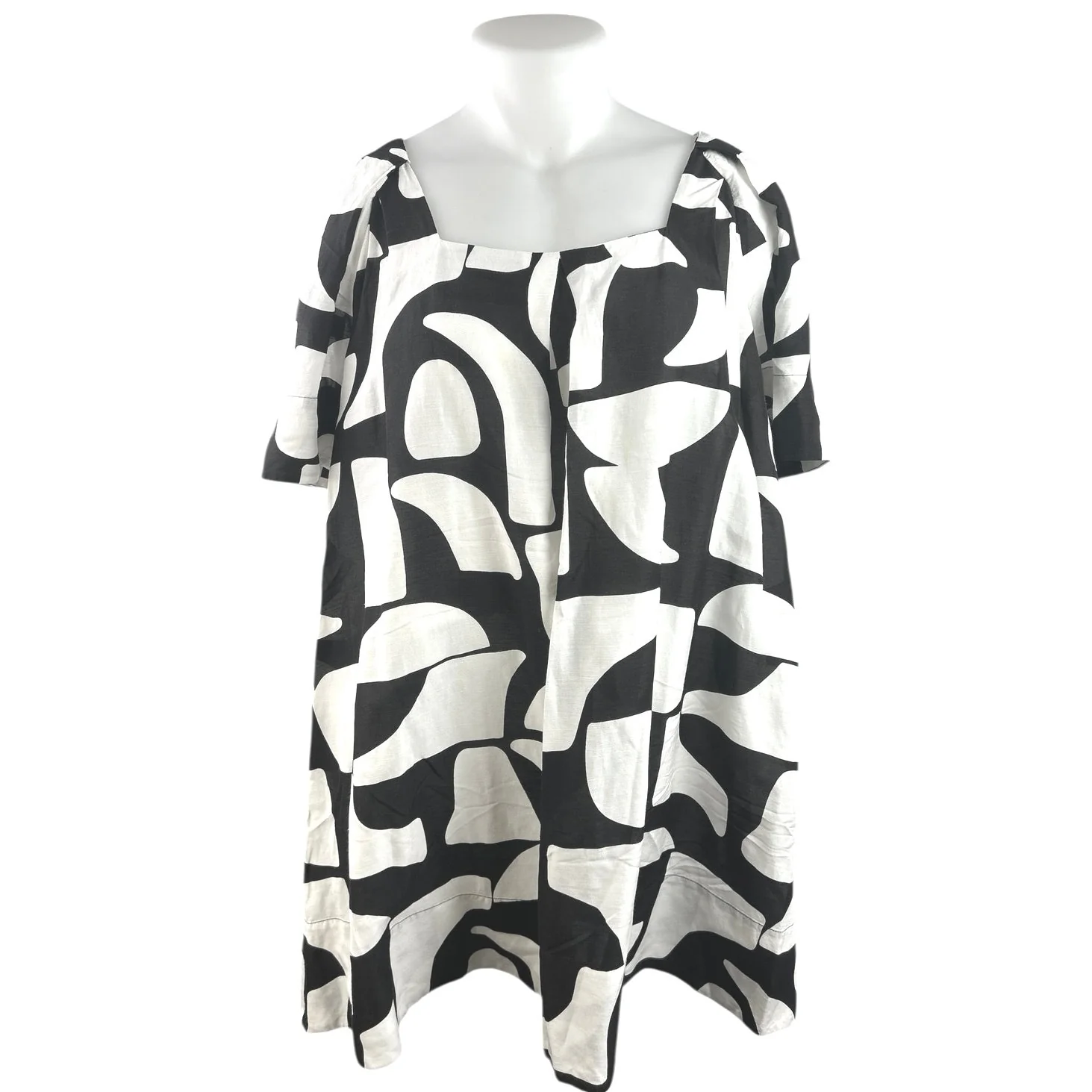 Country Road Black White Linen Abstract Short Sleeve Mini Shift Dress Size 12