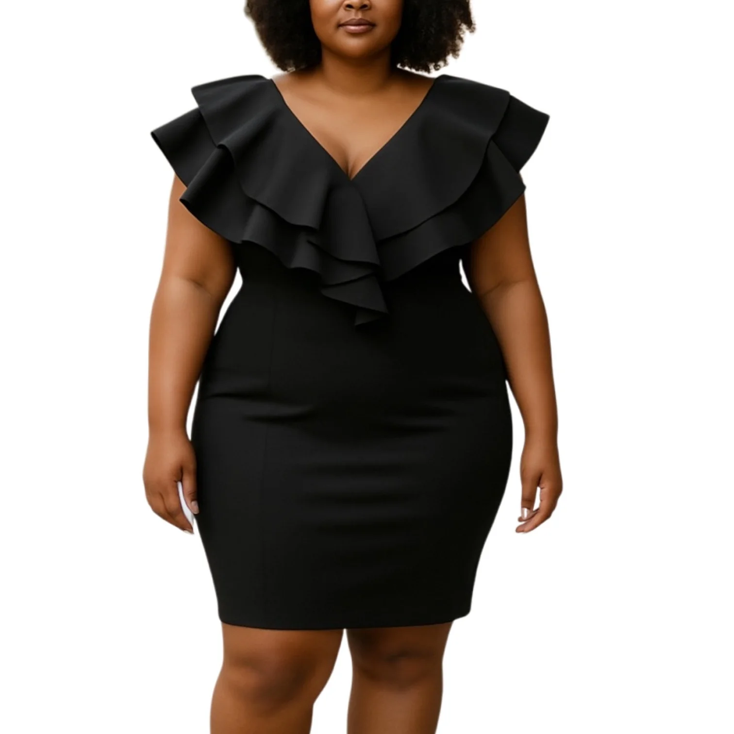 Daylight Black Tiered Ruffle Short Sleeve Deep V-Neck Mini Sheath Dress Size 2X - Image 2