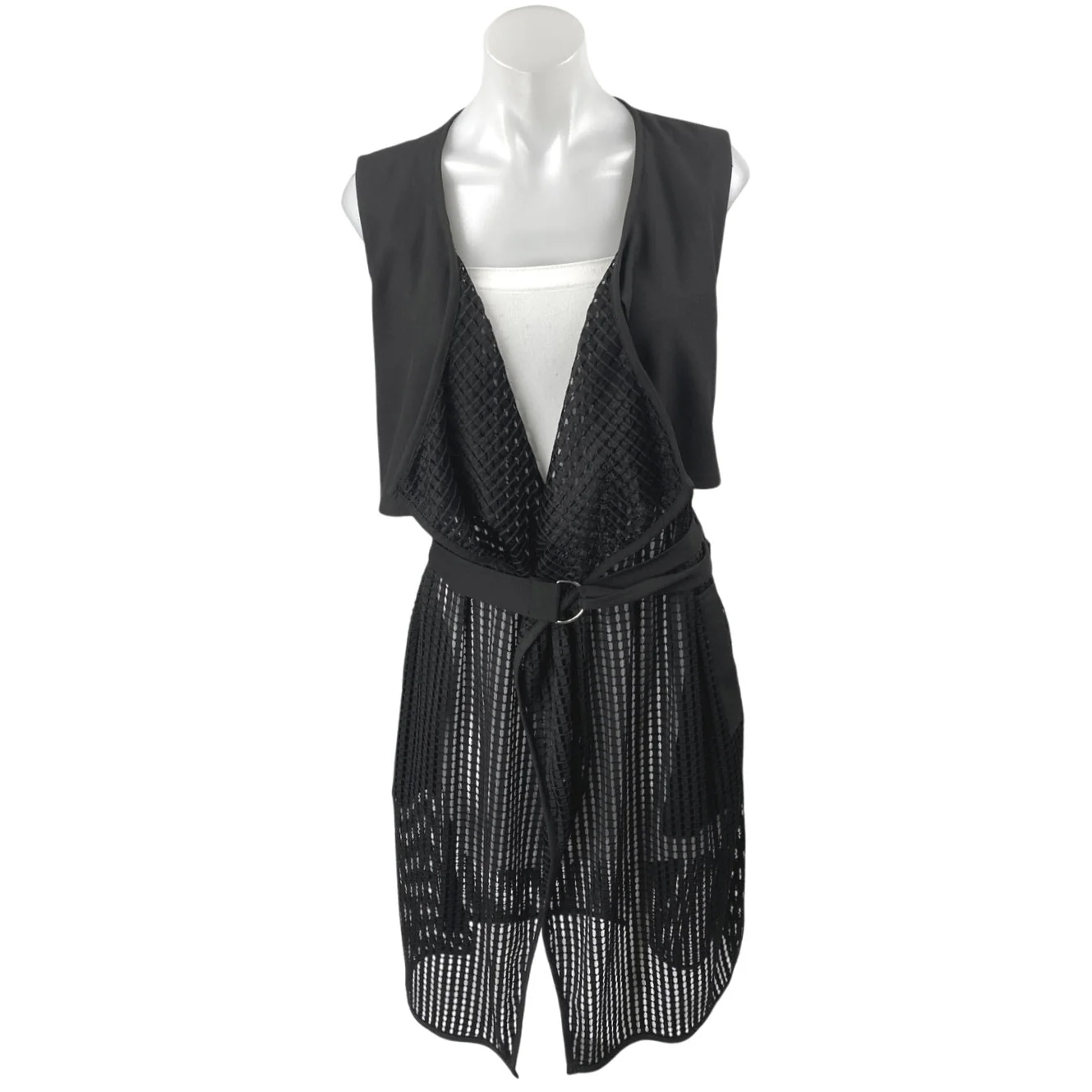 Decjuba Women's Black Sleeveless Belted Sheer Wrap Overcoat Jacket Size S/M - Image 4