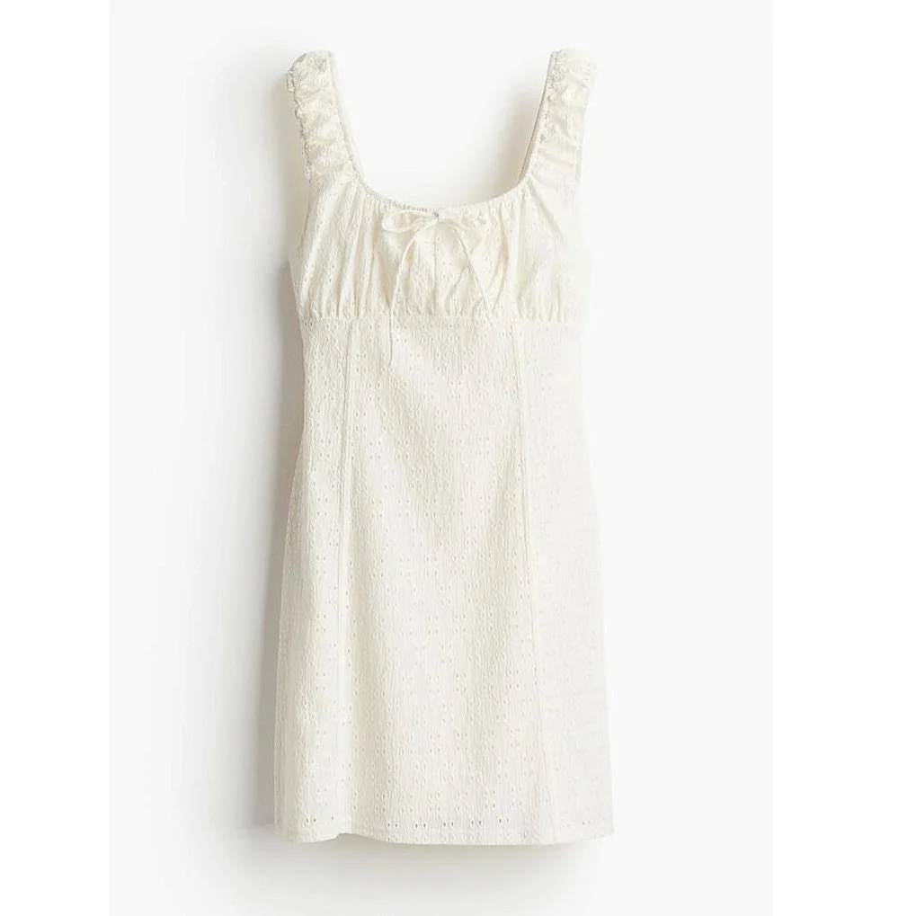 Divided by H&M White Embroidered Tie Neck Sleeveless Babydoll Mini Dress Size XS - Image 10