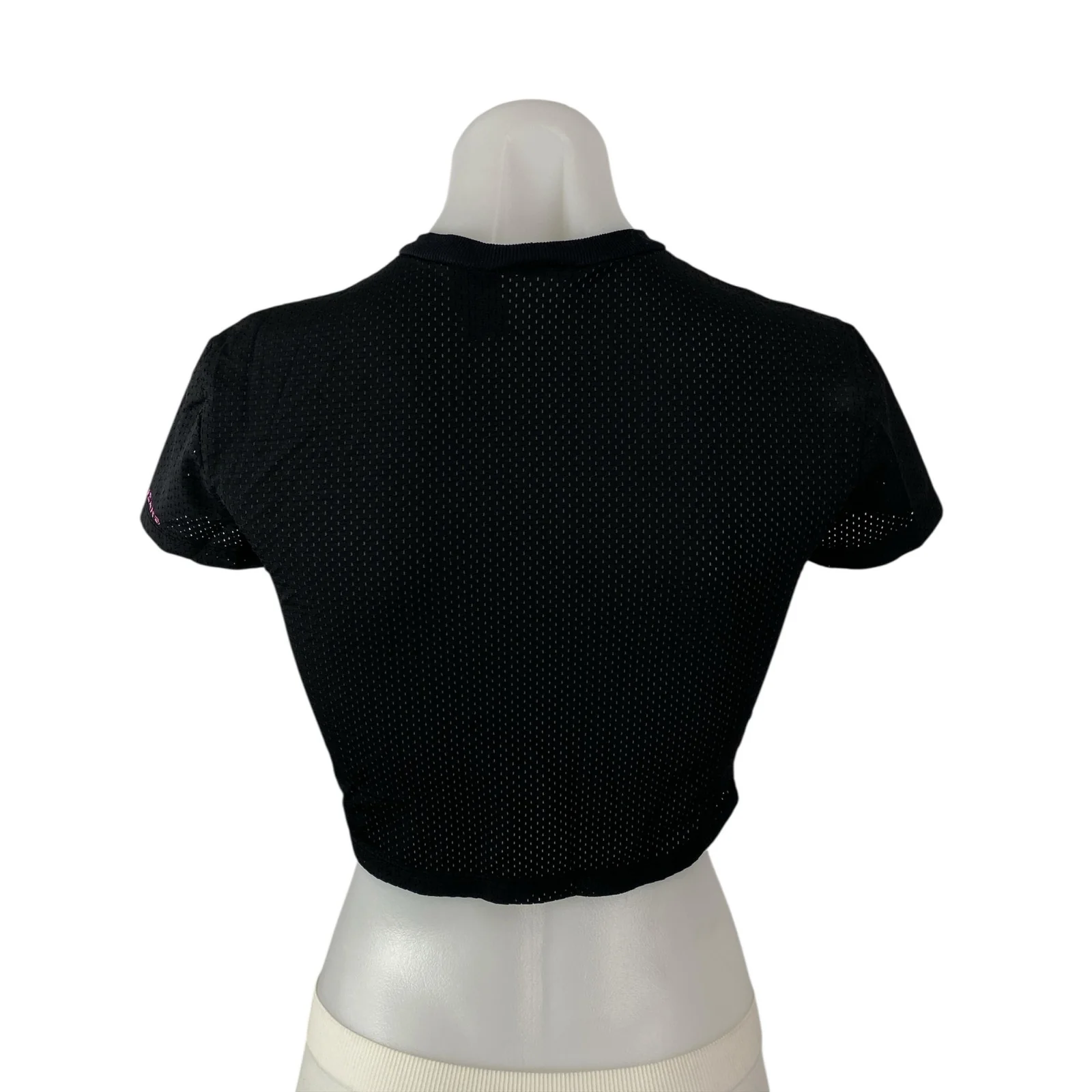 DKNY Black Pink Mesh Graphic Crew Neck Short Sleeve Crop Jersey T-Shirt Top XS - Image 2