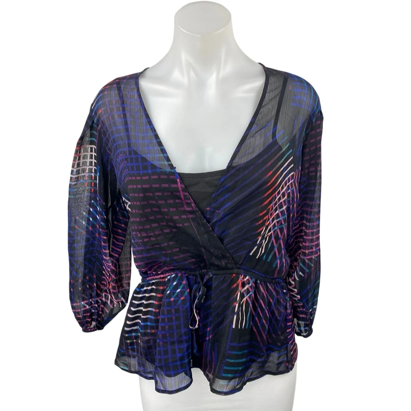 DKNY Blue Multicolor Striped Long Balloon Sleeve Sheer Peplum Wrap Blouse Top S