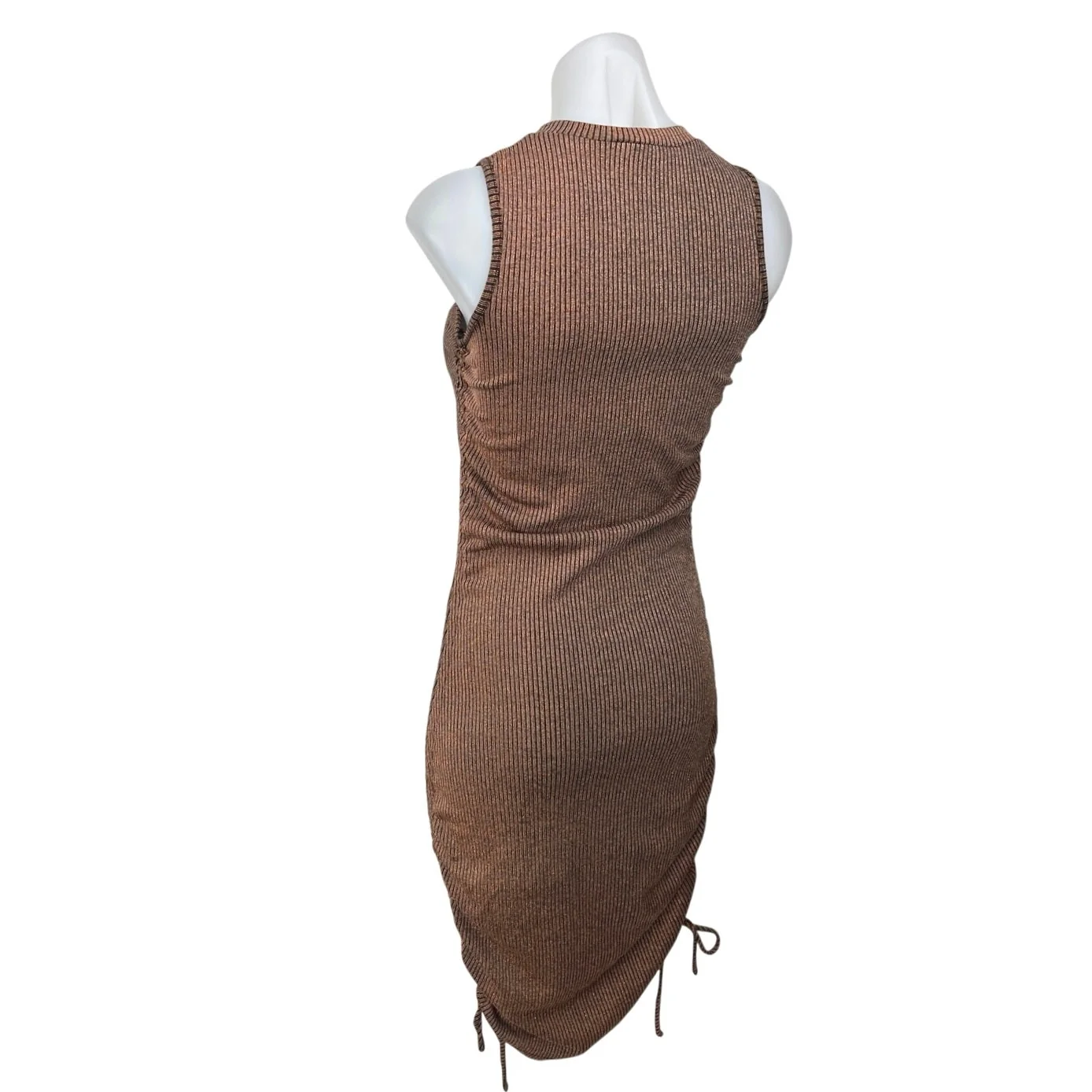 DNT Brown Metallic Rib Knit Sleeveless Ruched Tie Cami Midi Bodycon Tank Dress S - Image 2