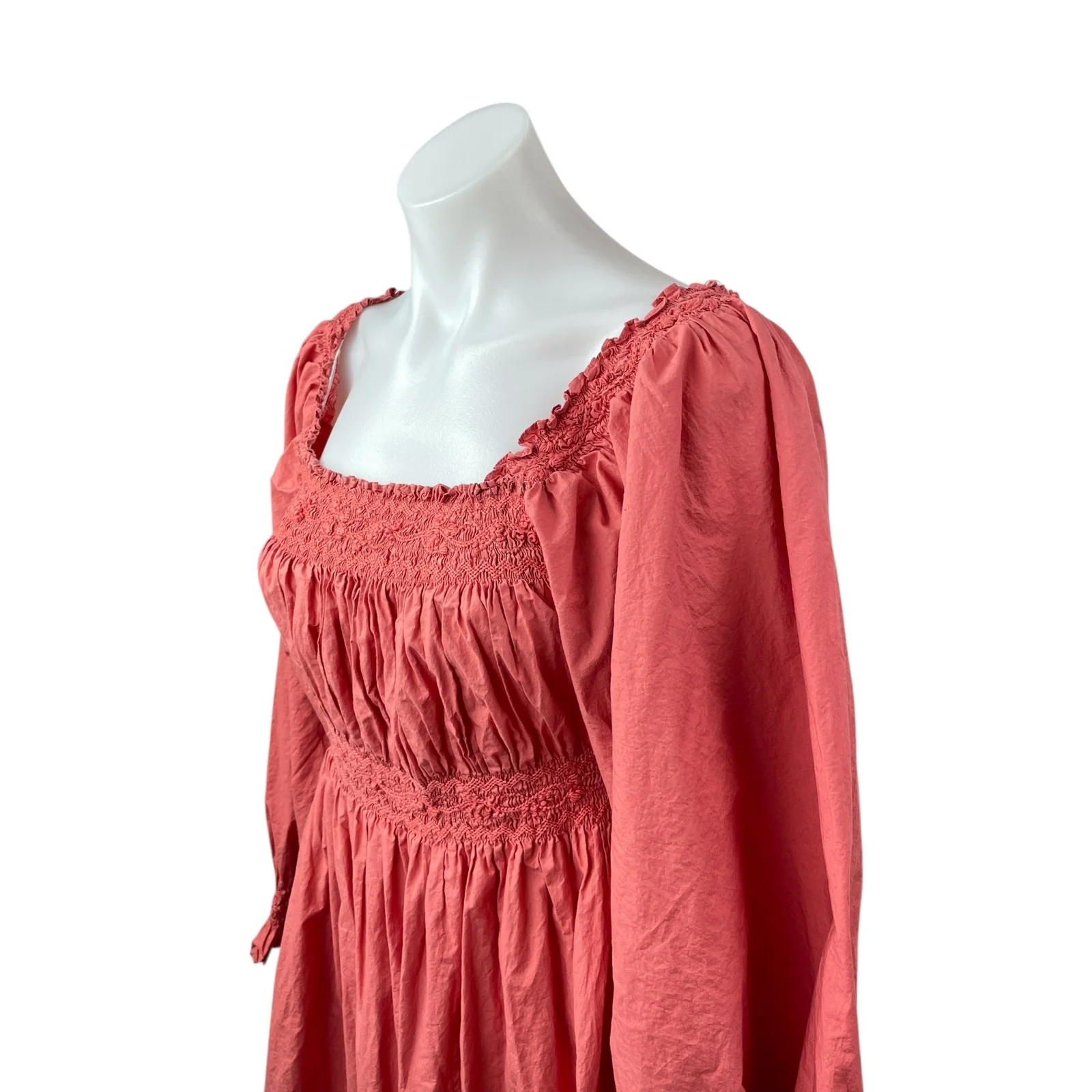 Doen Women's Pink Long Puff Sleeve Smocked Peasant Ruffle A Line Midi Dress M - Image 2