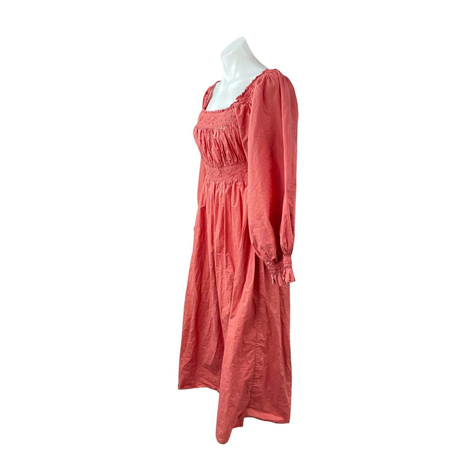 Doen Women's Pink Long Puff Sleeve Smocked Peasant Ruffle A Line Midi Dress M - Image 3