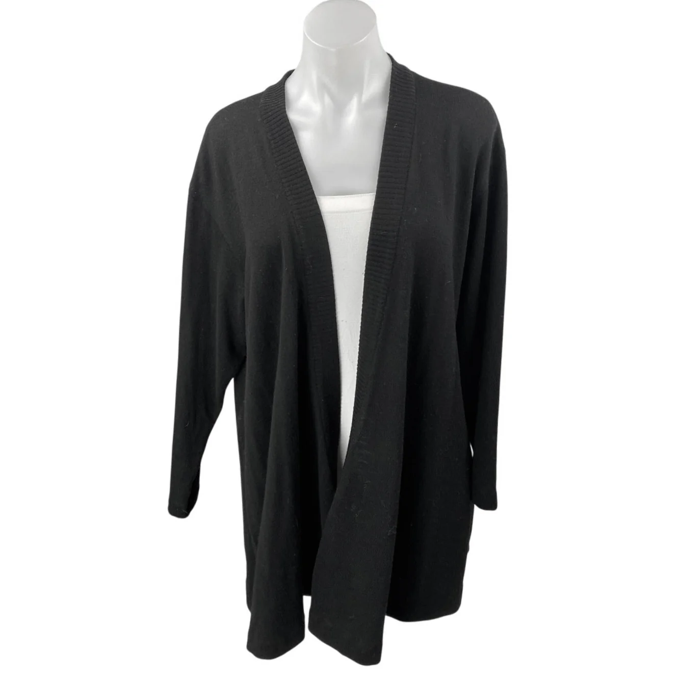Donna Karan 100% Wool Black Open Front Long Sleeve Knit Cardigan Sweater Size S