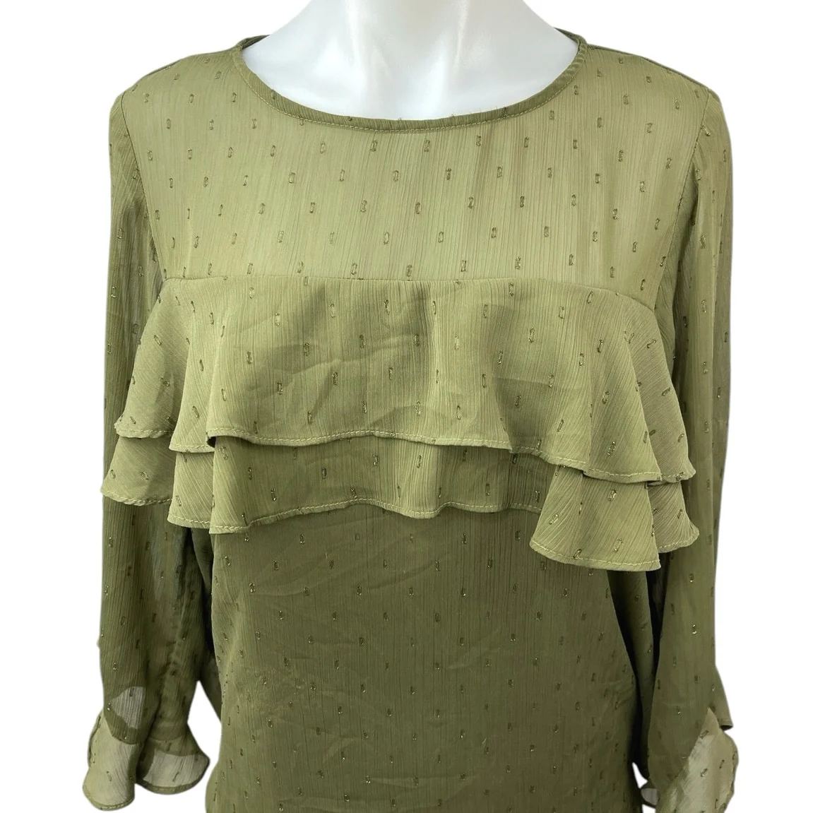 Dorothy Perkins Women's Olive Green Metallic Chiffon Ruffle Blouse Top Size 12 - Image 3