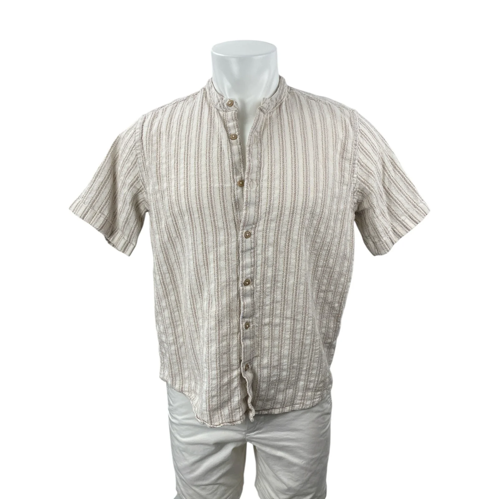 E.T.A Men's Beige Striped Relaxed Fit Short Sleeve Button Down Shirt Top Size M