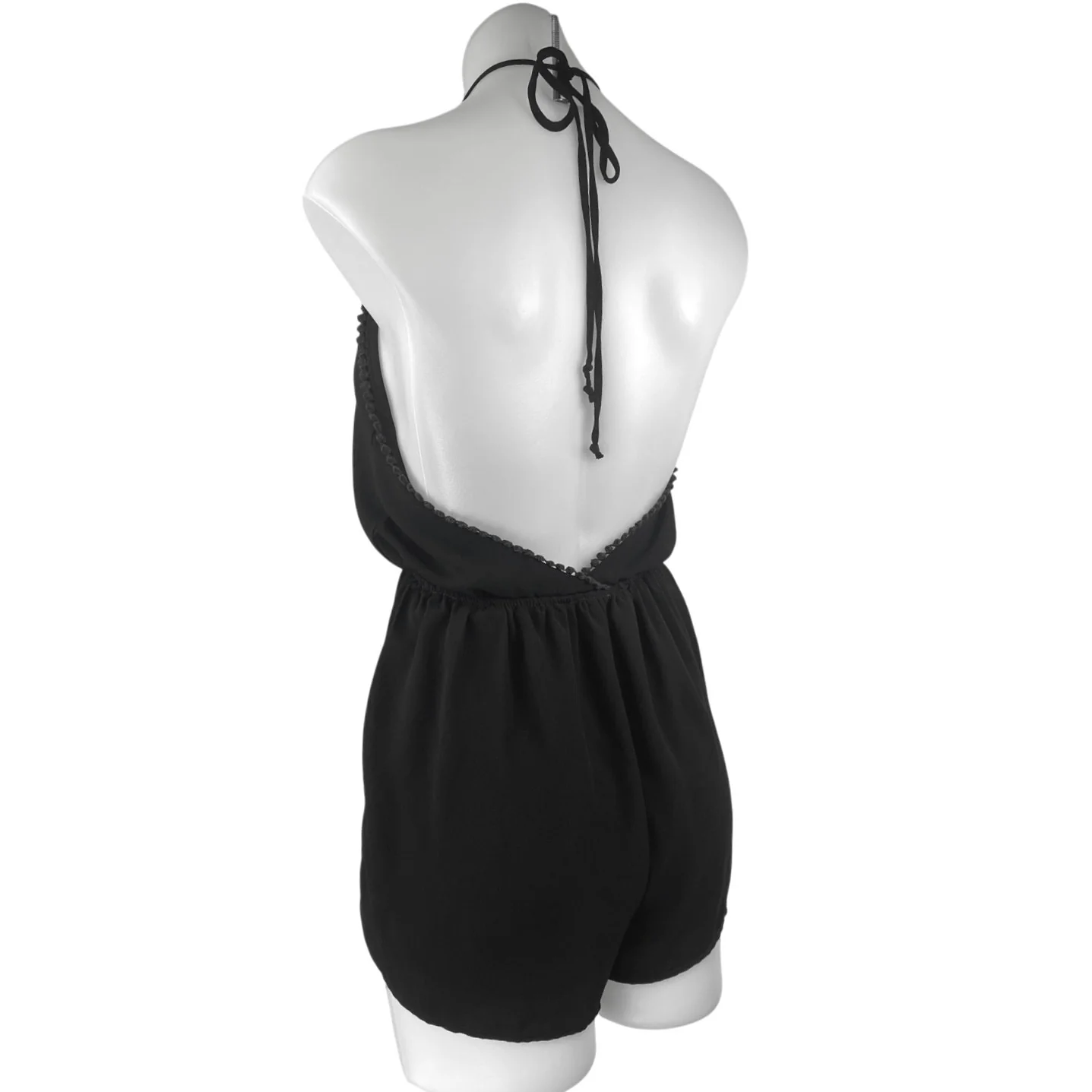 Ecote Black Halter Sleeveless Open Back Deep V Neck Pom Pom Romper Shorts Size M - Image 2