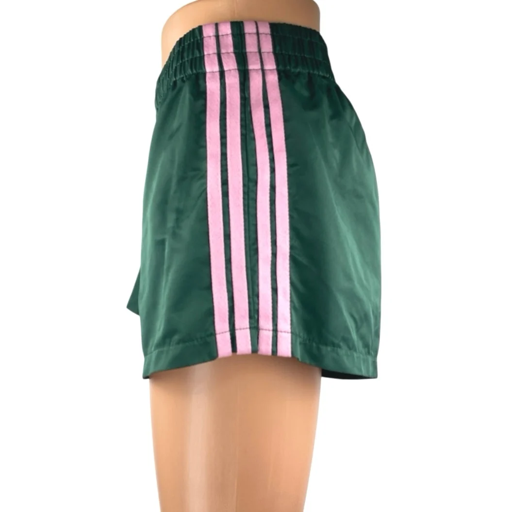 Edikted Women's Green Pink Striped Silk Satin Pull On High Rise Mini Shorts Sz L - Image 2