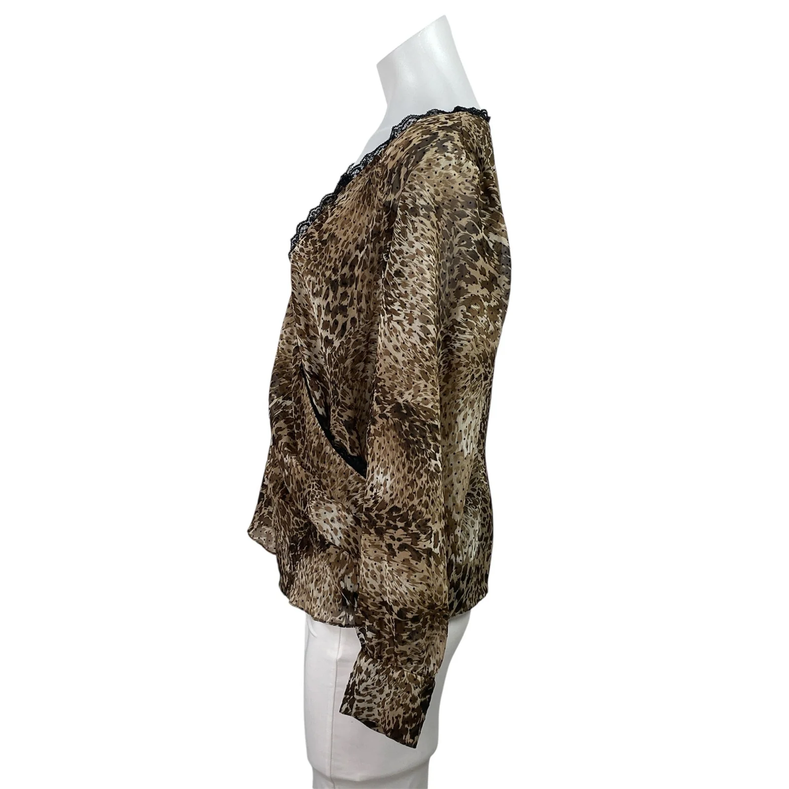 Emma James Brown Leopard Animal Print Lace Trim Long Sleeve Blouse Top Size 14 - Image 2