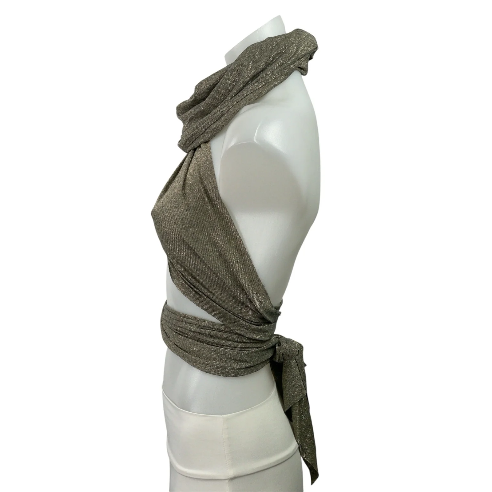 EROS Womens Brown Metallic Halter Cowl Neck Tie Back Crop Fashion Wrap Top Sz XS - Image 3