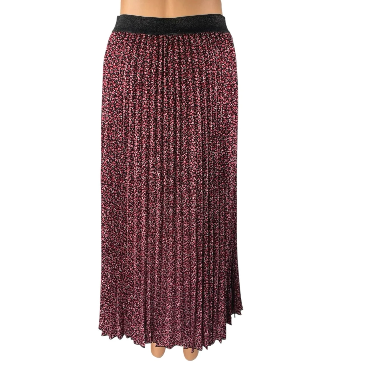 Esqualo Red Black Floral Pleated Pull On High Waisted A Line Midi Skirt Size 8 - Image 3