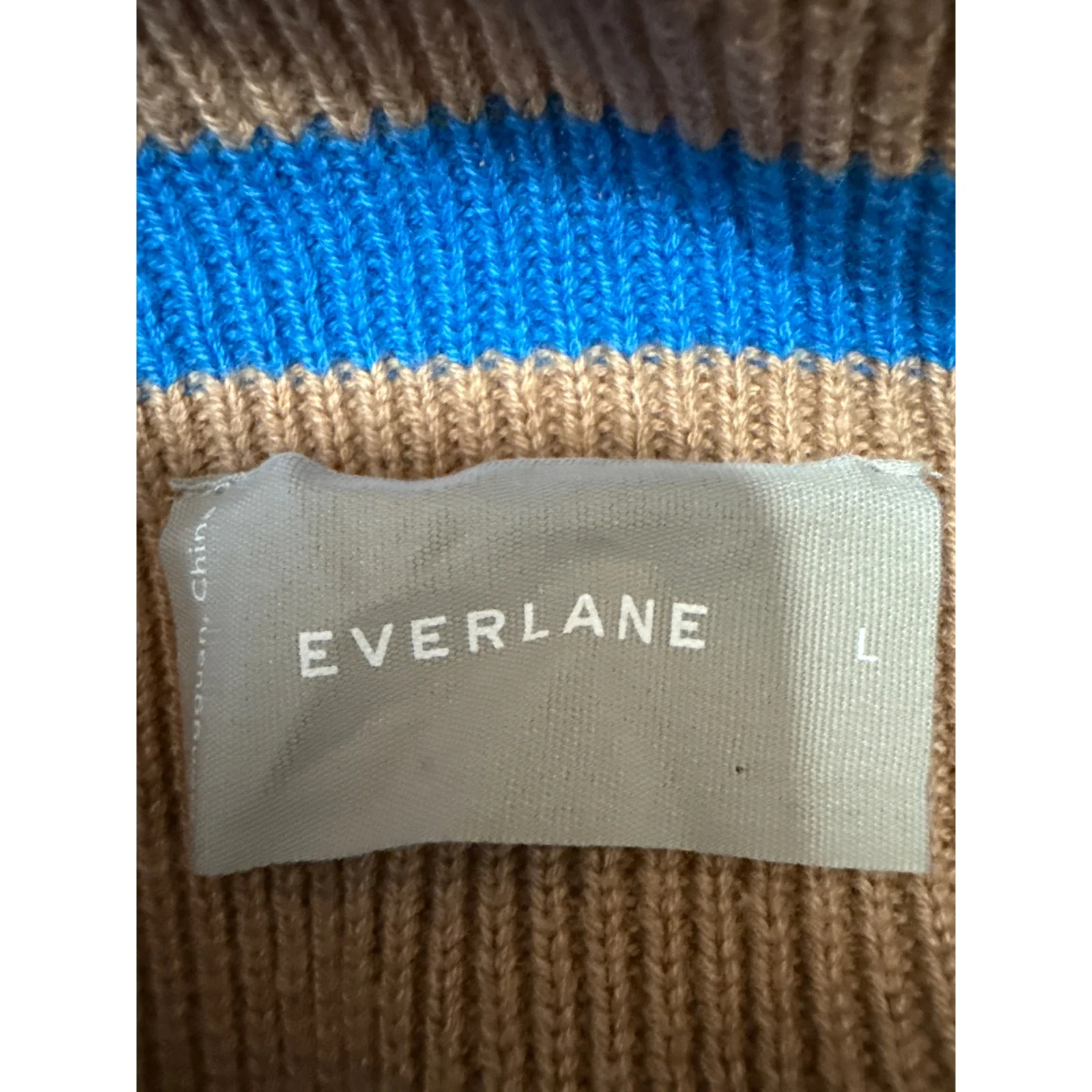 Everlane The Laceup Smock Tan Blue Striped Knit Long Sleeve Sweater Top Size L - Image 4