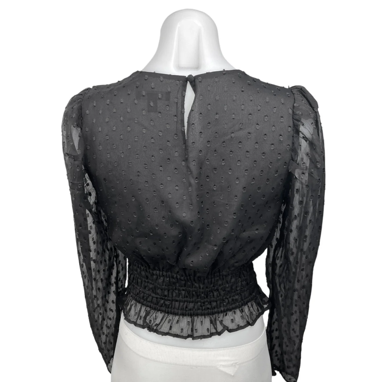 Express Black Dots Smocked Peplum Long Puff Sleeve Crew Neck Crop Blouse Top XS - Image 2
