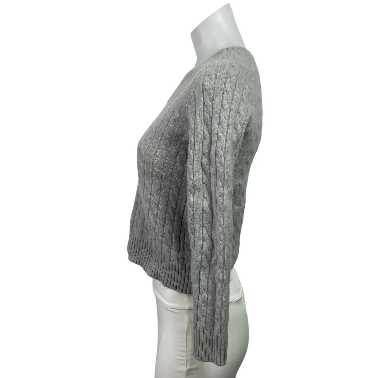 Faconnable Gray 100% Cashmere V Neck Cable Knit Long Sleeve Cropped Sweater Sz S - Image 2