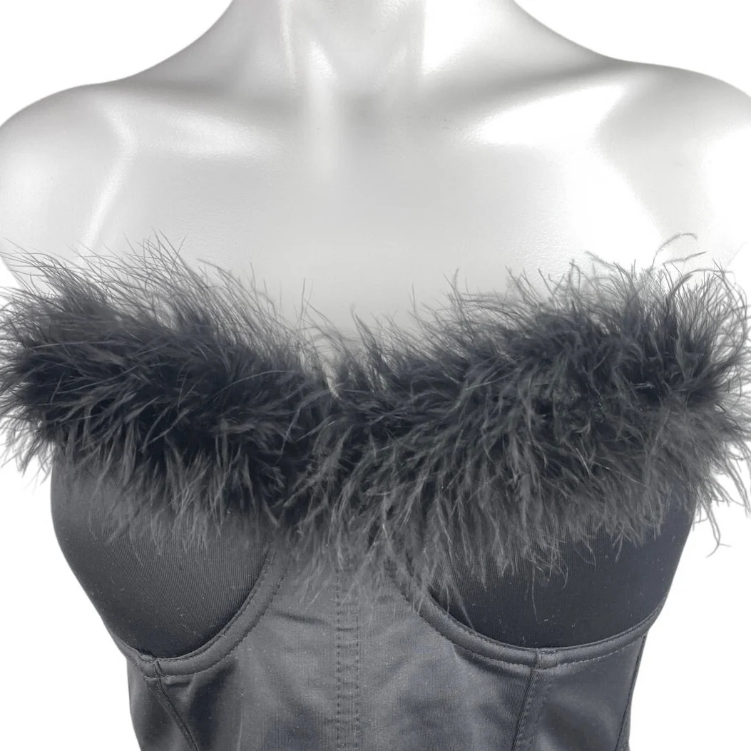 Fashion Nova Black Feather Sleeveless Strapless Corset Bustier Crop Top Size S - Image 3