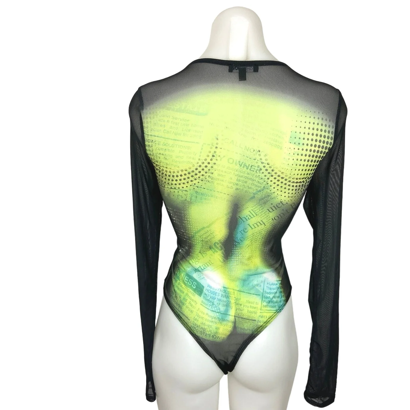 Fashion Nova Black Green Newspaper Print Body Secrets Mesh Bodysuit Top Size S - Image 2