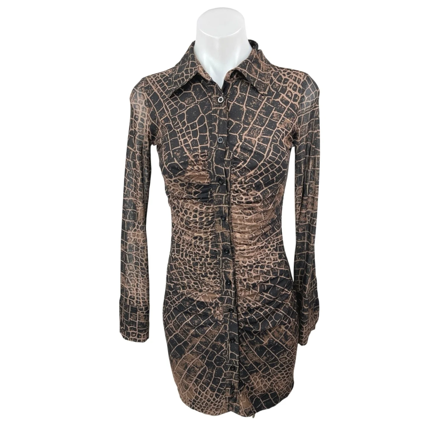 Fashion Nova Brown Black Snakeskin Long Sleeve Button Down Shirt Mini Dress S