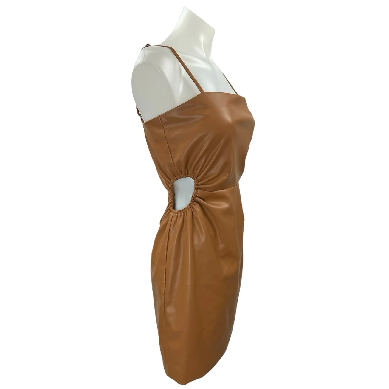 Fashion Nova Brown Faux Leather Ruched Cutout Sleeveless Mini Pencil Dress Sz S - Image 3
