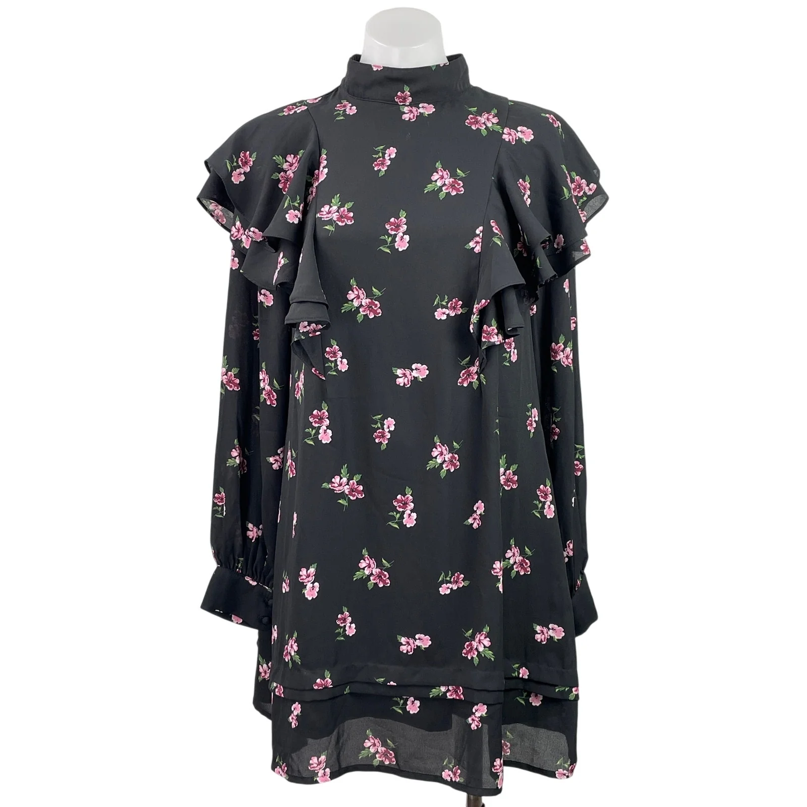 Fashion Union Black Floral Ruffle Long Sleeve Mockneck Mini Tunic Shift Dress 6