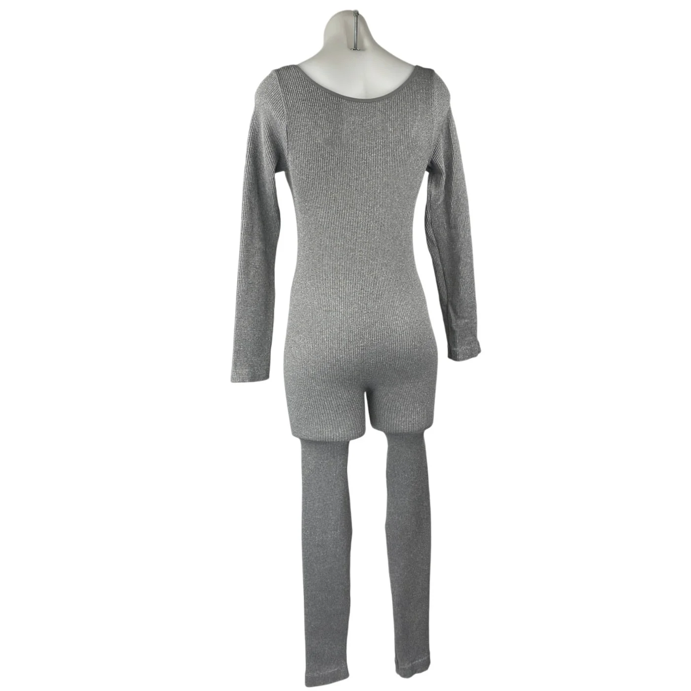 FCT with Love Gray Ribbed Knit Long Sleeve Square Neck One Piece Jumpsuit Size S - Image 3