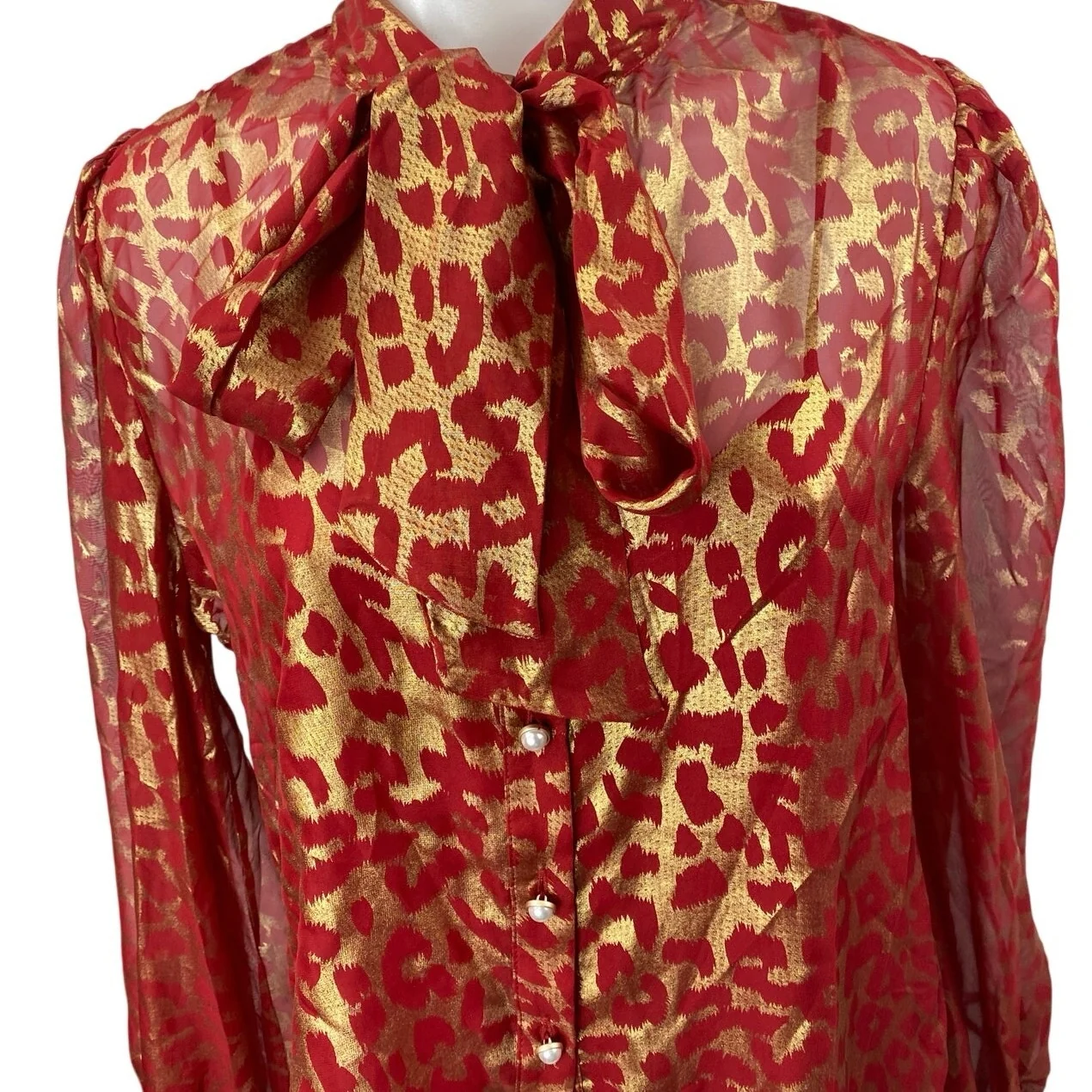 Flying Tomato Red Gold Leopard Semi Sheer Tie Long Sleeve Button Up Shirt Top S - Image 3