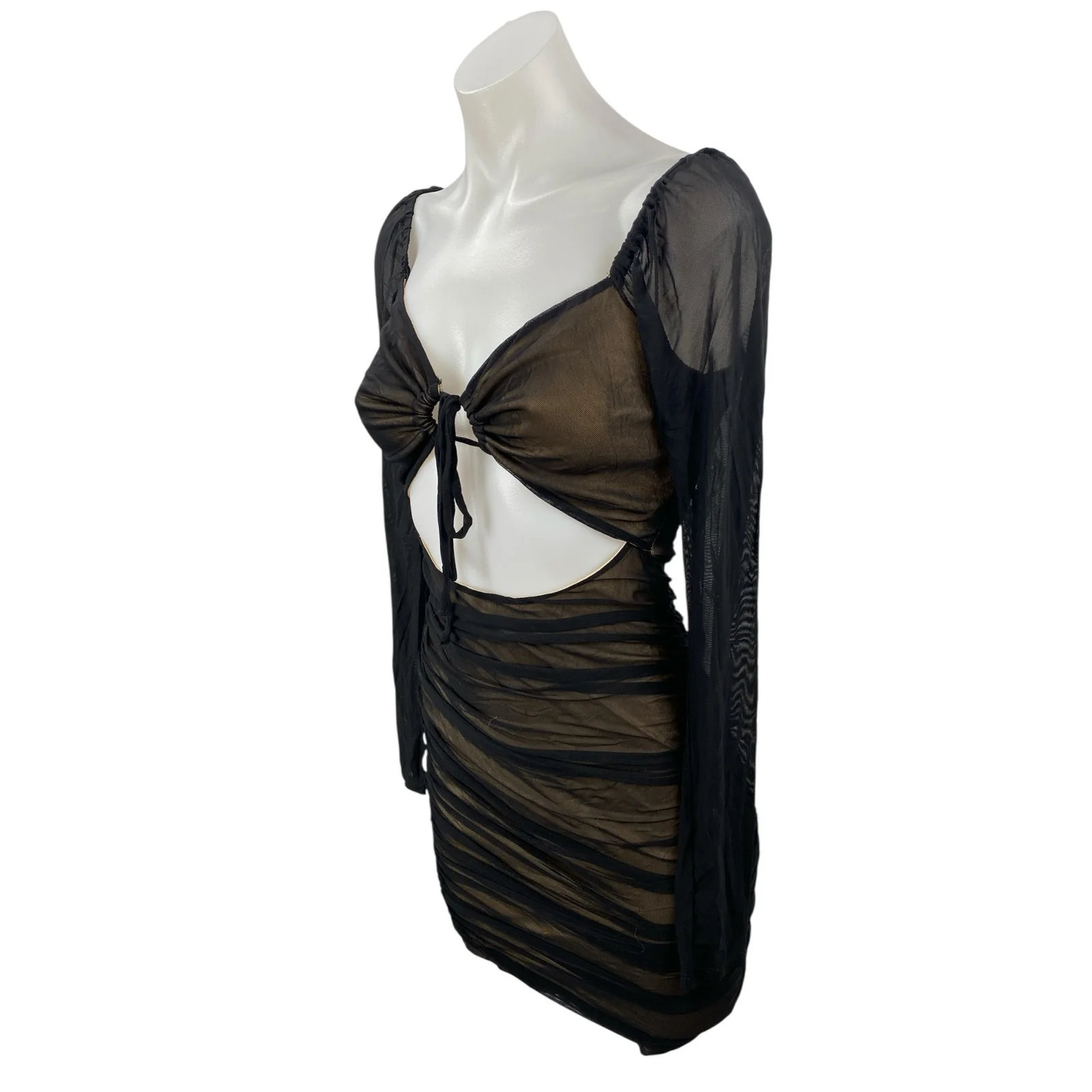Forever 21 Black Mesh Long Sleeve Tie Knot Cutout Mini Bodycon Dress Size S - Image 3