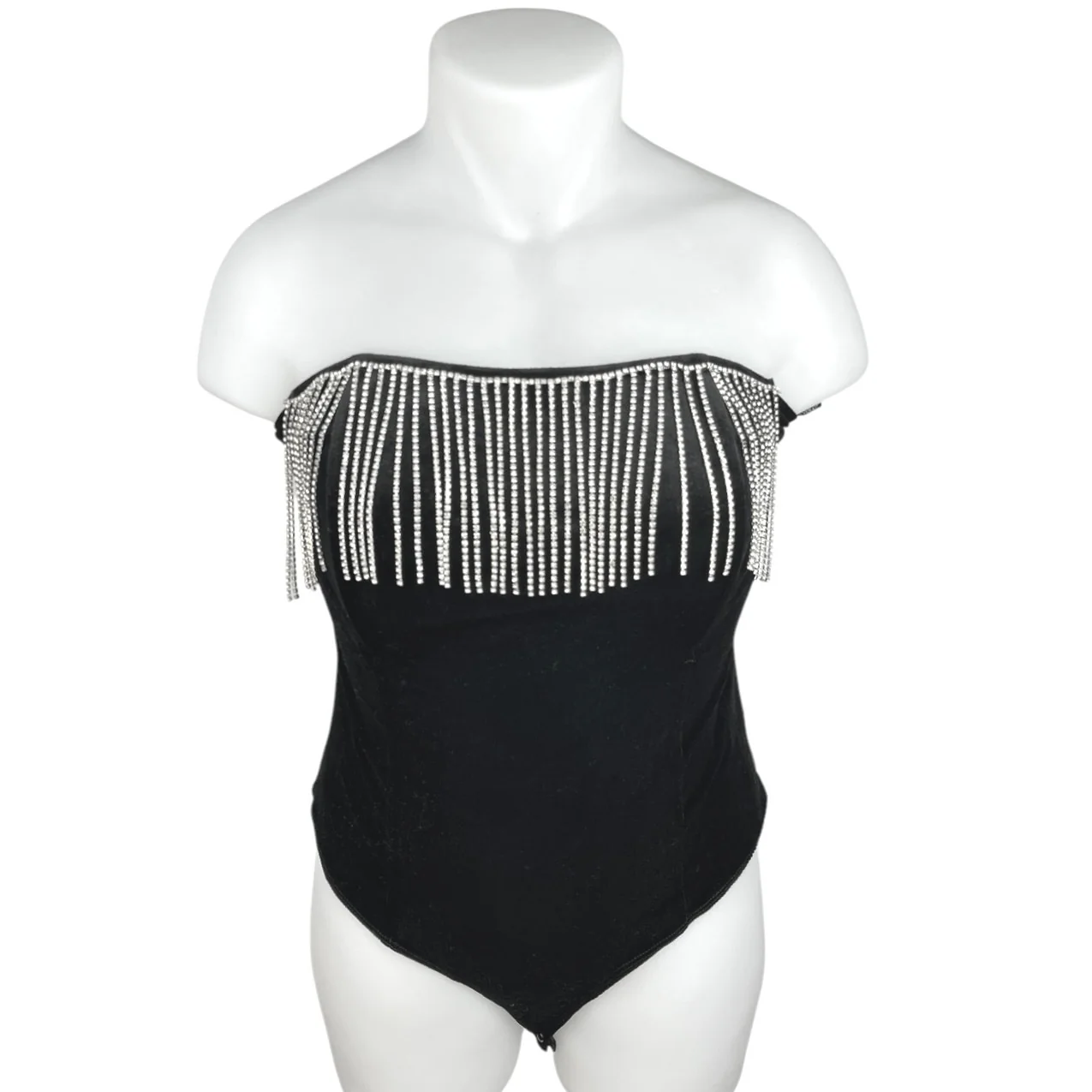 Forever 21 Black Velvet Velour Fringe Rhinestone Strapless Tube Bodysuit Top 1X